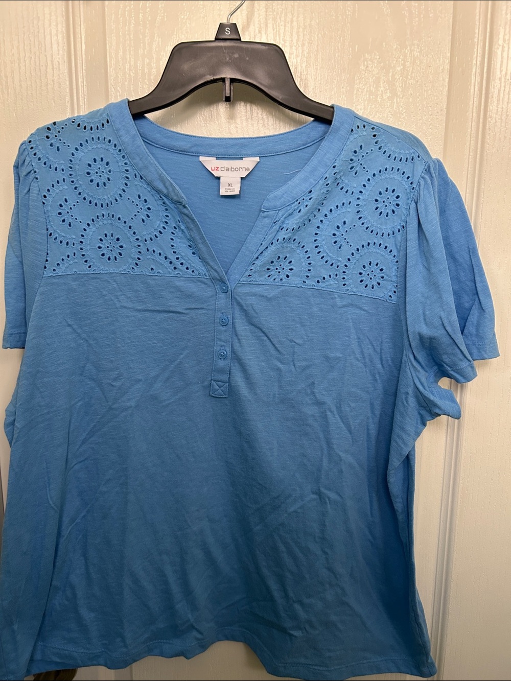 Liz Claiborne Blue Eyelet Yoke Henley Tee